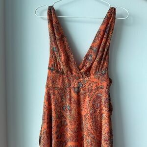 Etro Orange Floral Paisley-Print Metallic Midi Wrap Dress Size Small